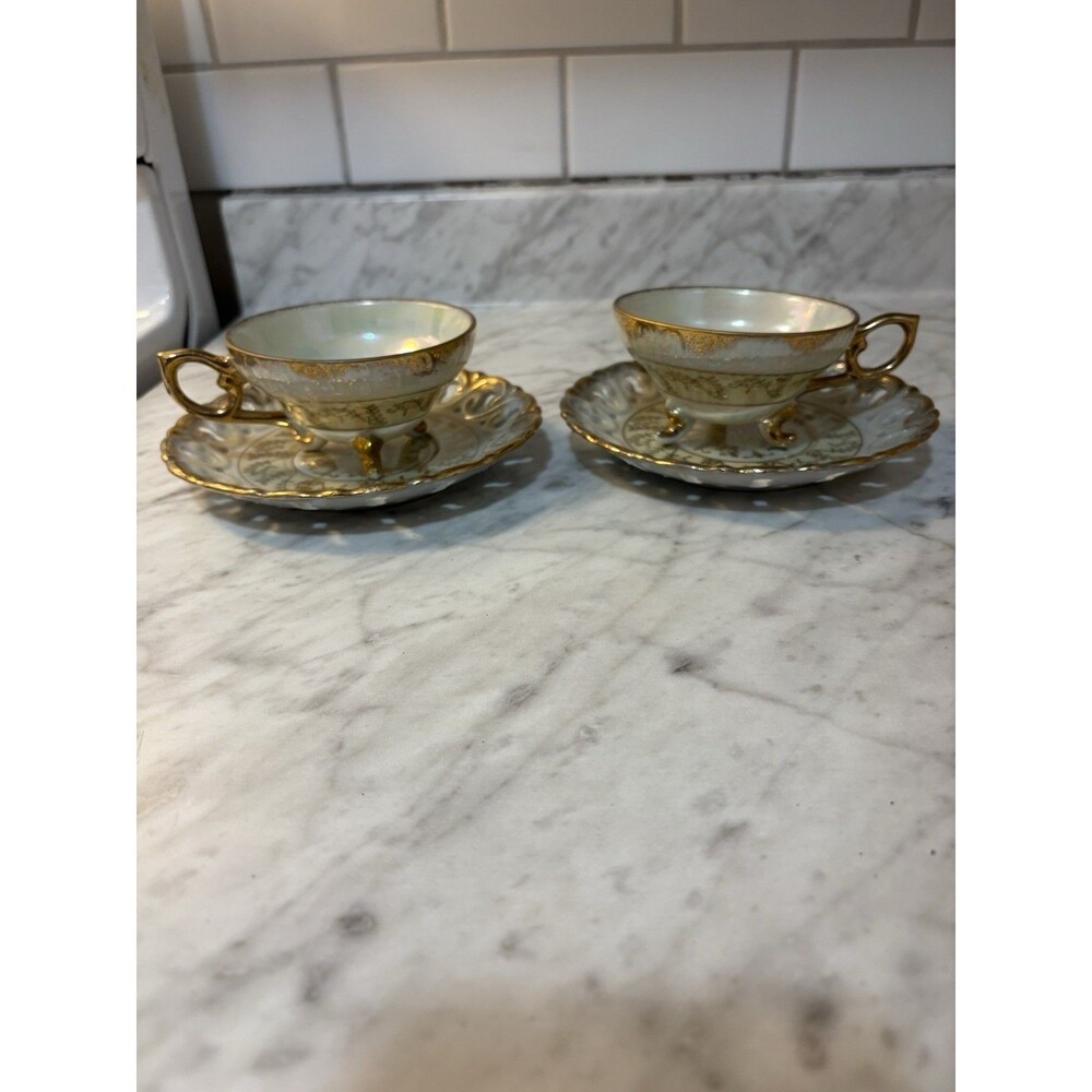Set of 2 Vintage Yamato Lusterware Tea Cups & Pierced Saucers